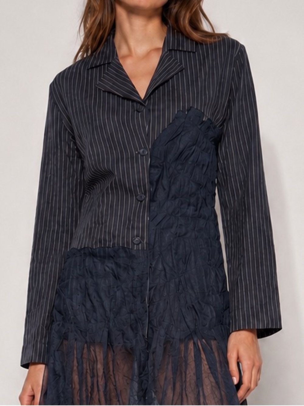Vtg LEIKO French Pinstripe Blazer Dress‎ Sheer Asymmetrical 90s Y2K Streetwear
